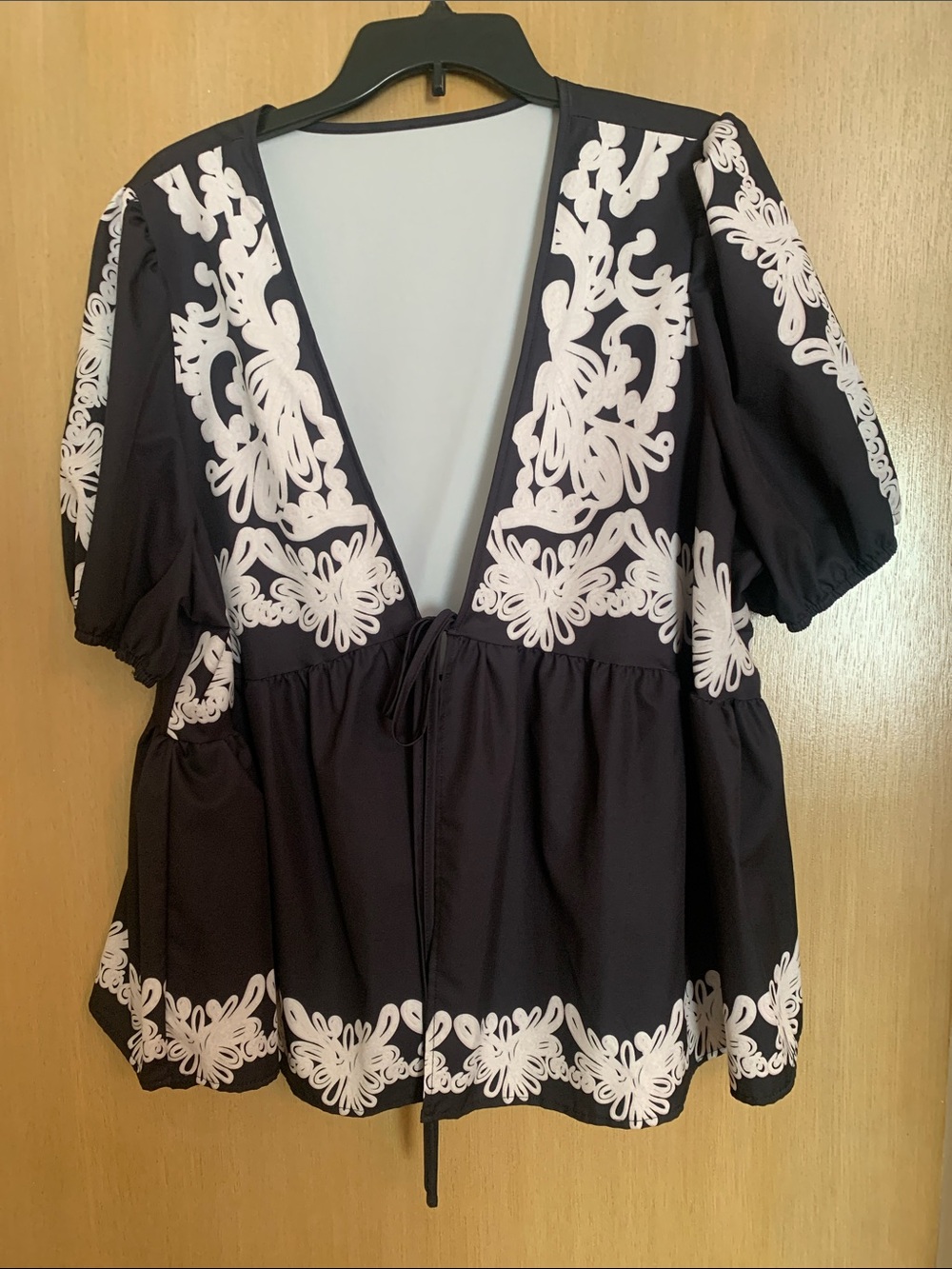 SHEIN Black Tunic Top with Off White Floral Embroidery